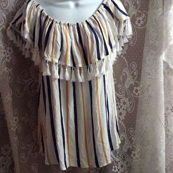 New Kori America Size S Festive Boho Top Navy Gold Stripe Fringe Ruffle Neckline - Picture 1 of 9